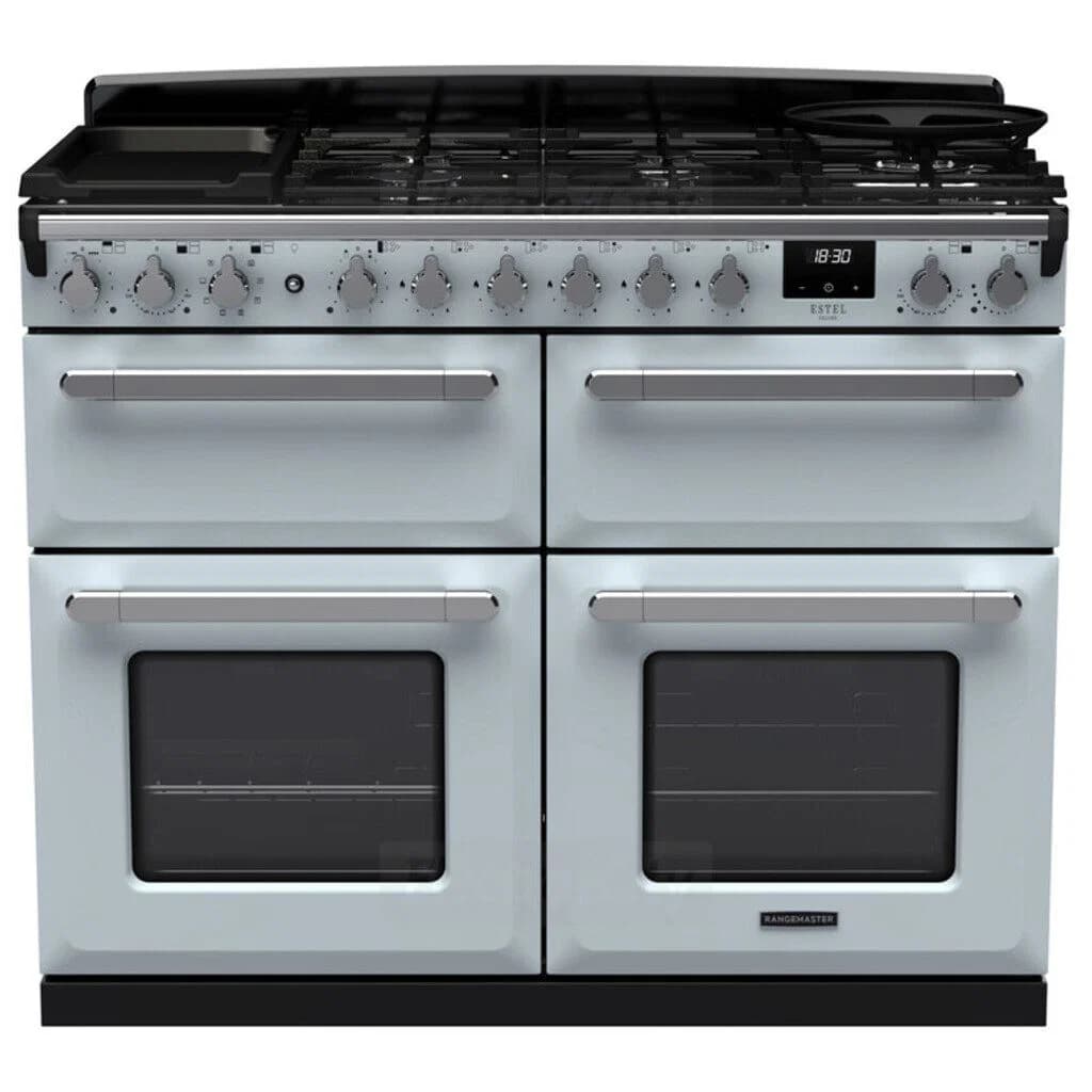 Rangemaster Estel Deluxe 110cm Dual Fuel Range Cooker with Slow Cook Oven | Misty Blue with Chrome Trim