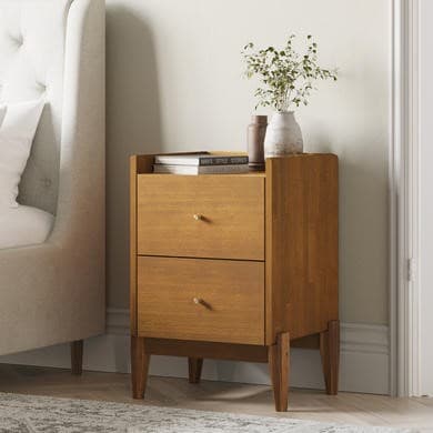 Wooden Mid-Century Tall 2-Drawer Bedside Table - Rumi