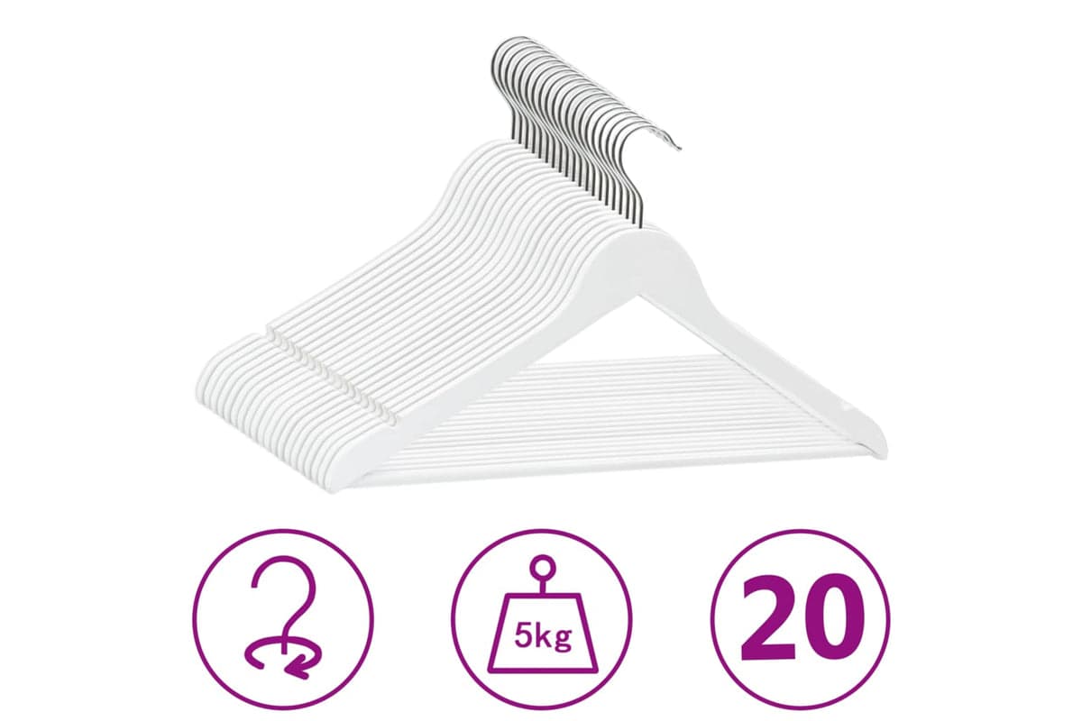 Vidaxl 289914 20 Pcs Clothes Hanger Set Non-slip White Hardwood