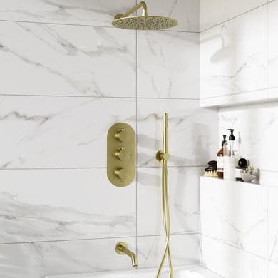 Brushed Brass Triple Outlet Wall Mounted Thermostatic Mixer Shower Set With Hand Shower and Bath Filler Spout - Arissa