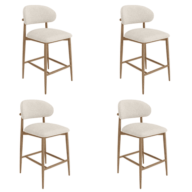 Set of 4 Beige Upholstered Curved Kitchen Stools With Solid Oak Exposed Back - Kori