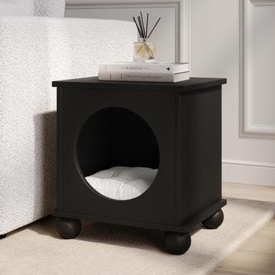 Elevated Black Indoor Pet Home Side Table with Washable Quilted Cushion