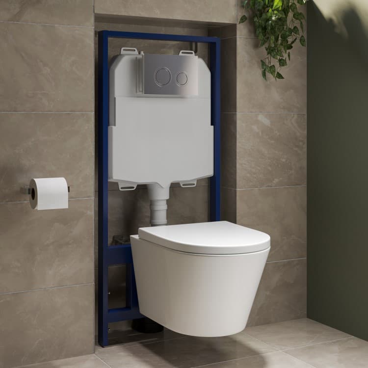 Wall Hung Rimless Toilet with Soft Close Seat, Chrome Mechanical Flush Plate, 1168mm Frame & Cistern – Newport