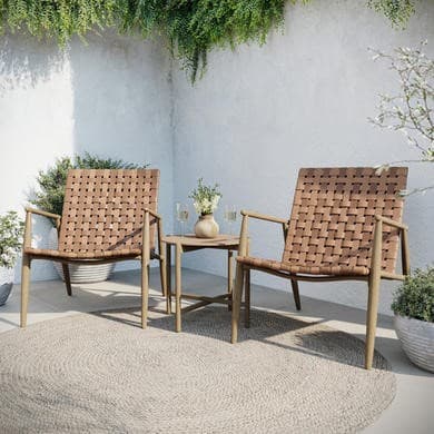 Bistro Set with Leather Look Woven Chairs and Round Glass Table