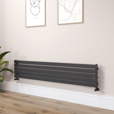 Riace Linea Midnight Black Flat Designer Radiator 350x1800mm Single Panel 2372 BTU - Horizontal Bars