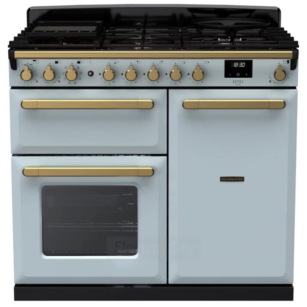 Rangemaster Estel Deluxe 100cm Dual Fuel Range Cooker | Misty Blue with Brass Trim