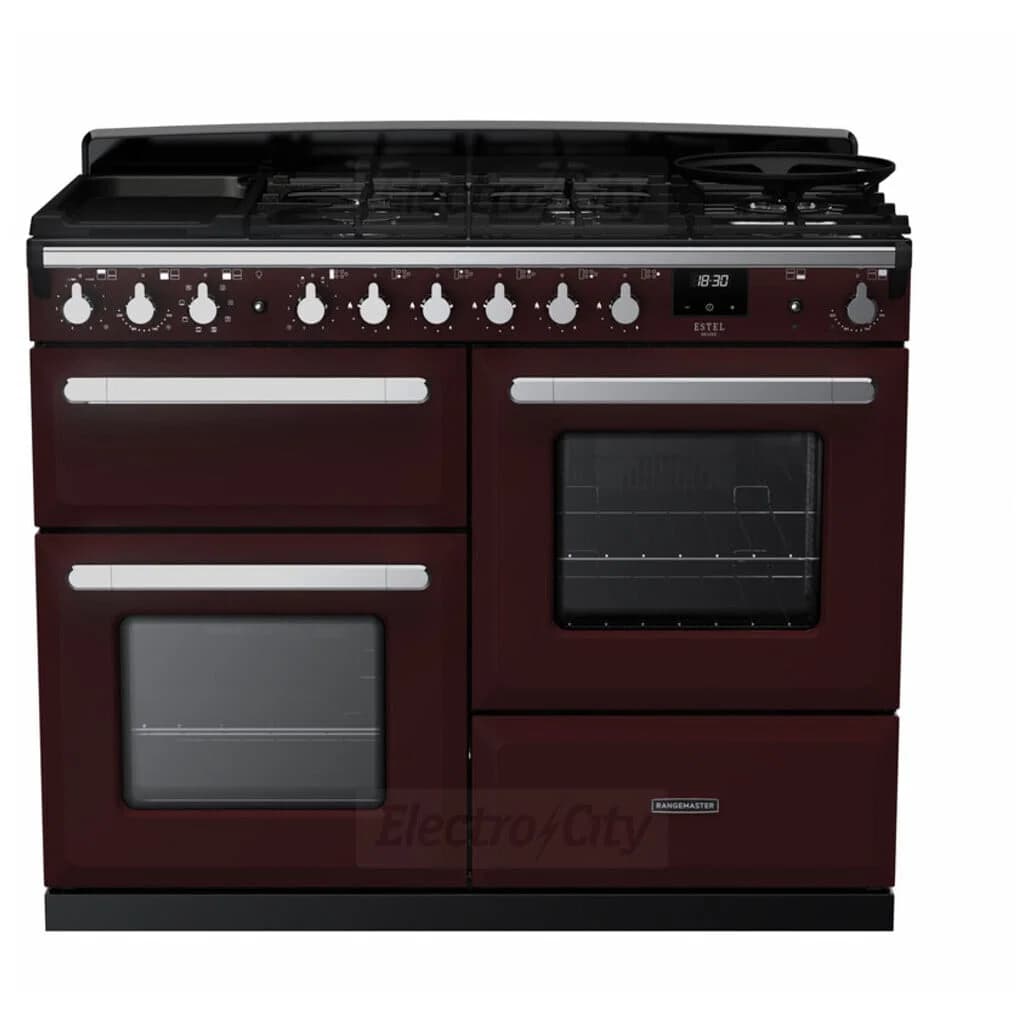 Rangemaster Estel Deluxe 110cm Dual Fuel Range Cooker | Bordeaux with Chrome Trim