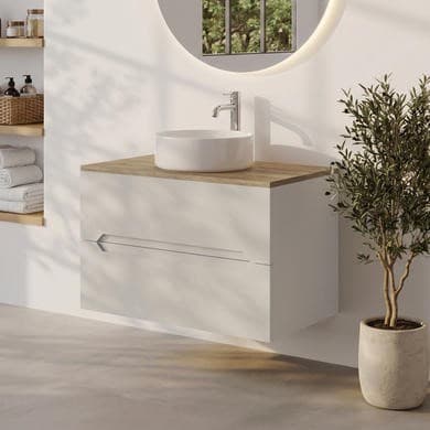 800mm Beige Wall Hung Countertop Vanity Unit with Oak Worktop and Basin - Morella