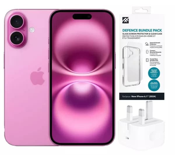APPLE iPhone 16 (128 GB, Pink), Clear Case, Screen Protector & 20W USB Type-C Power Adapter Bundle