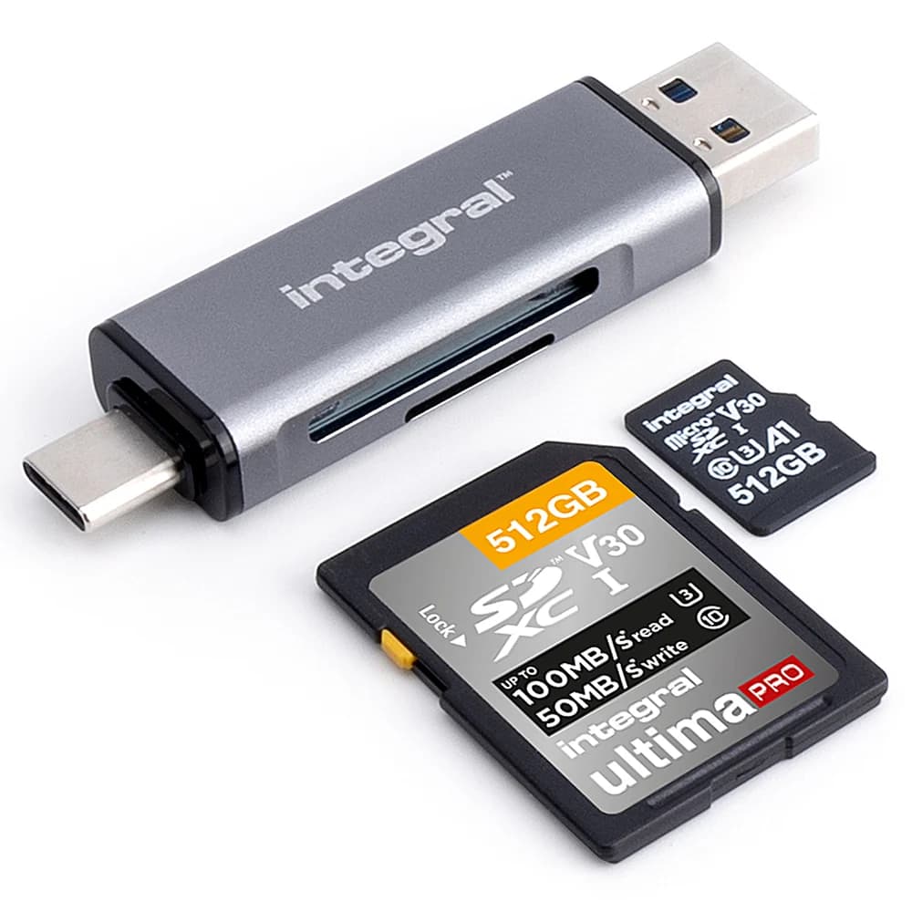 Integral Dual End SD and microSD Card Reader - Black & Silver | INCRUSB3.2ACSDMSDR