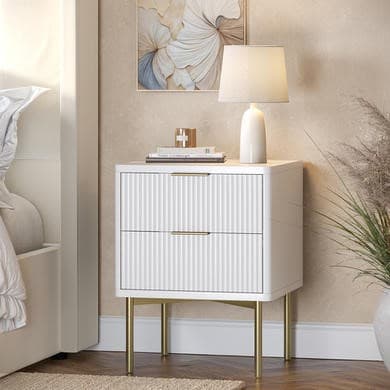 Modern Ribbed White High Gloss 2 Drawer Bedside Table - Valencia