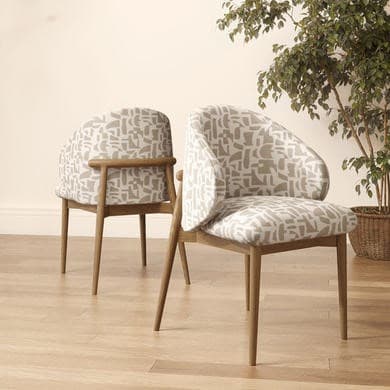 ALMOST PERFECT - Beige Printed Upholstered Curved Dining Chair With Solid Rustic Oak Exposed Back - Kori