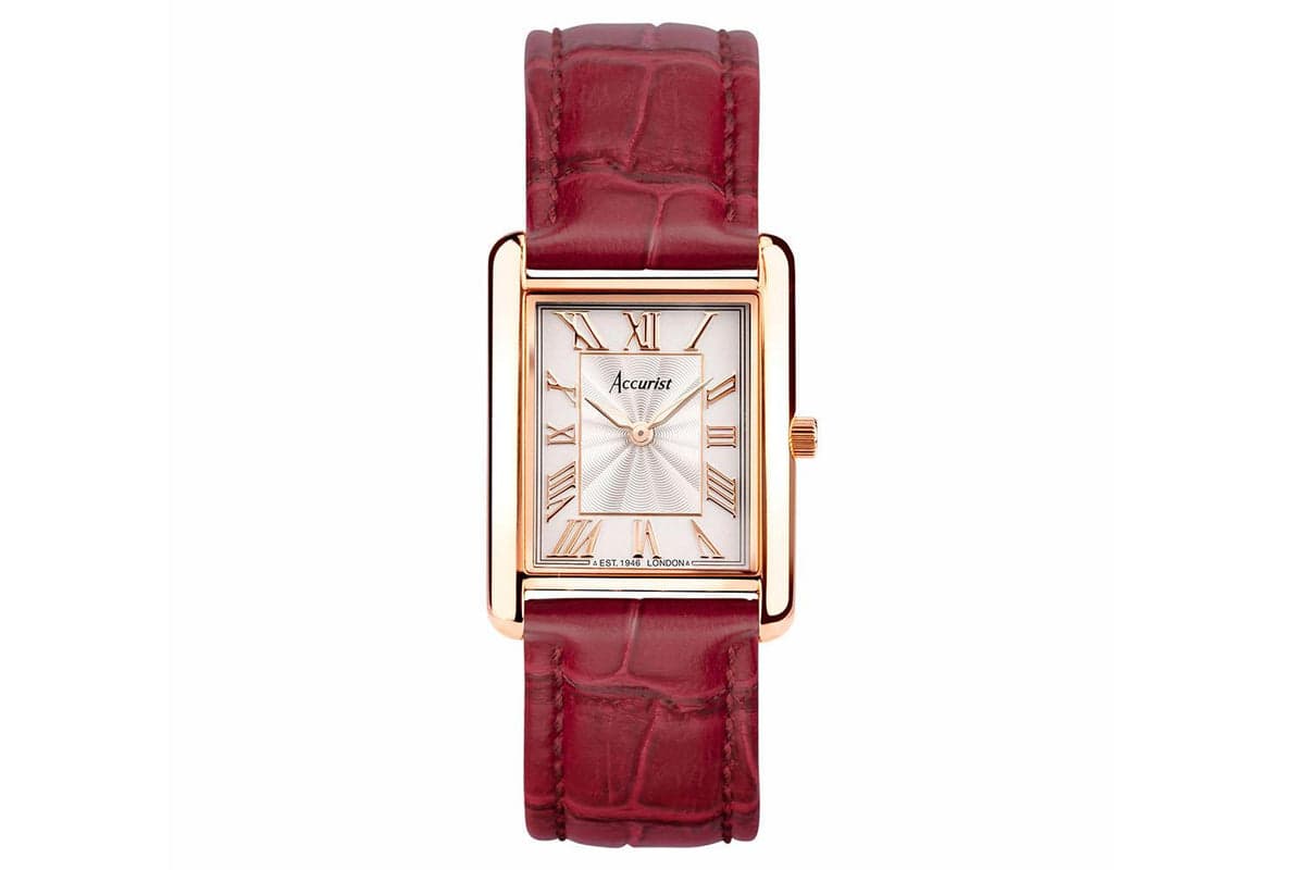 Accurist Rectangle Ladies Watch | Rose Gold Case & Burgundy Leather Strap With White Dial | 26mm