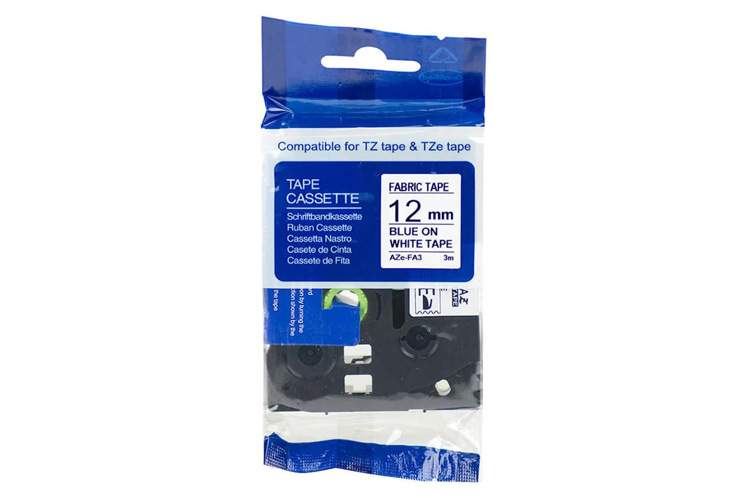 Brother Tze-FA3 Fabric Tape Cassette Blue On White 12mm
