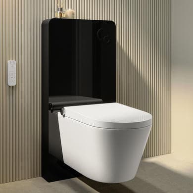 Wall Hung Smart Bidet Japanese Toilet with Black Glass Cabinet, Frame, Cistern & Pneumatic Dual Flush Button - Purificare