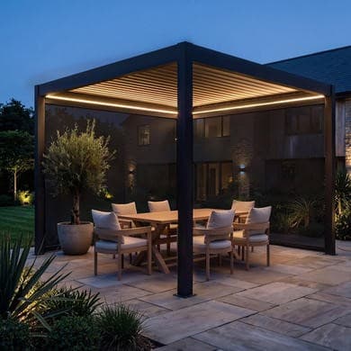3 x 3m Heavy Duty Aluminium Charcoal Automatic Louvred Pergola with LED Lighting & 2 Textilene Side Panels