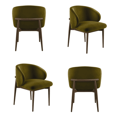 Set of 4 Walnut and Olive Green Upholstered Curved Dining Chairs with Solid Wood Exposed Back - Kori