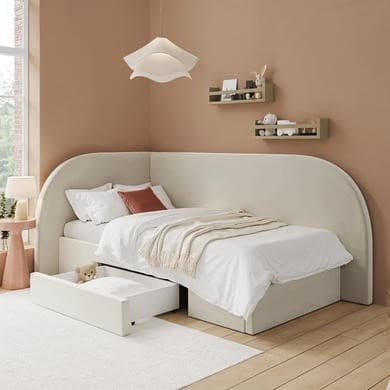 Cream Single Velvet Bed Frame with Storage Drawer and Curved Headboard - Reagan