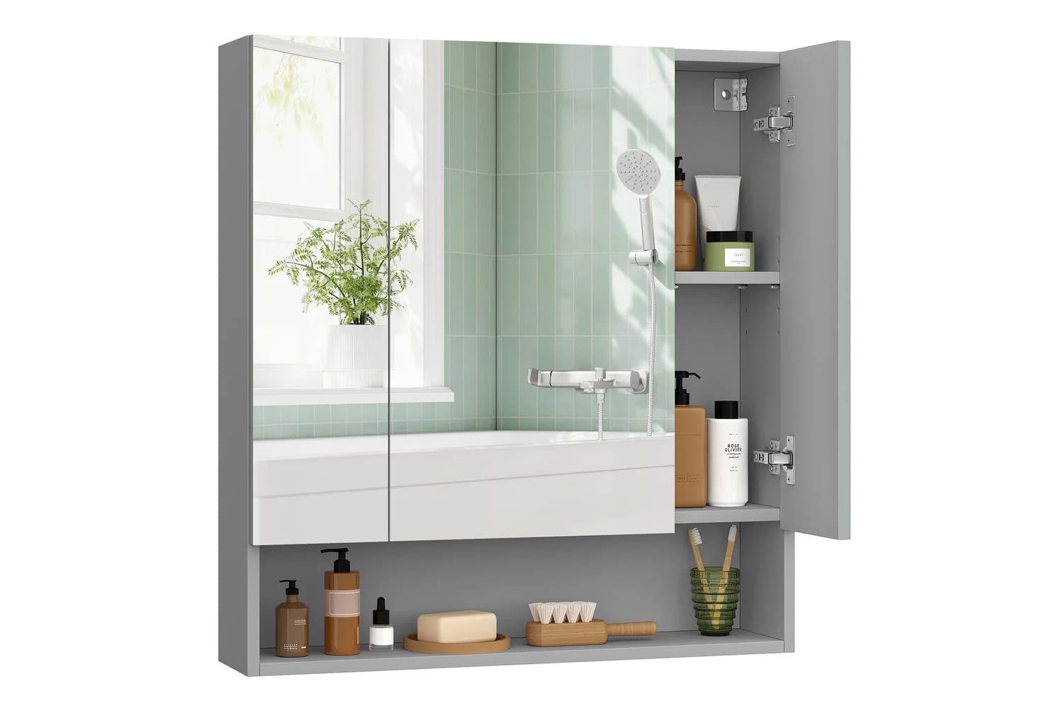 Vasagle Kailyn Bathroom Mirror Cabinet | Wall Mounted | Dove Grey | 16.5 X 70 X 75 Cm