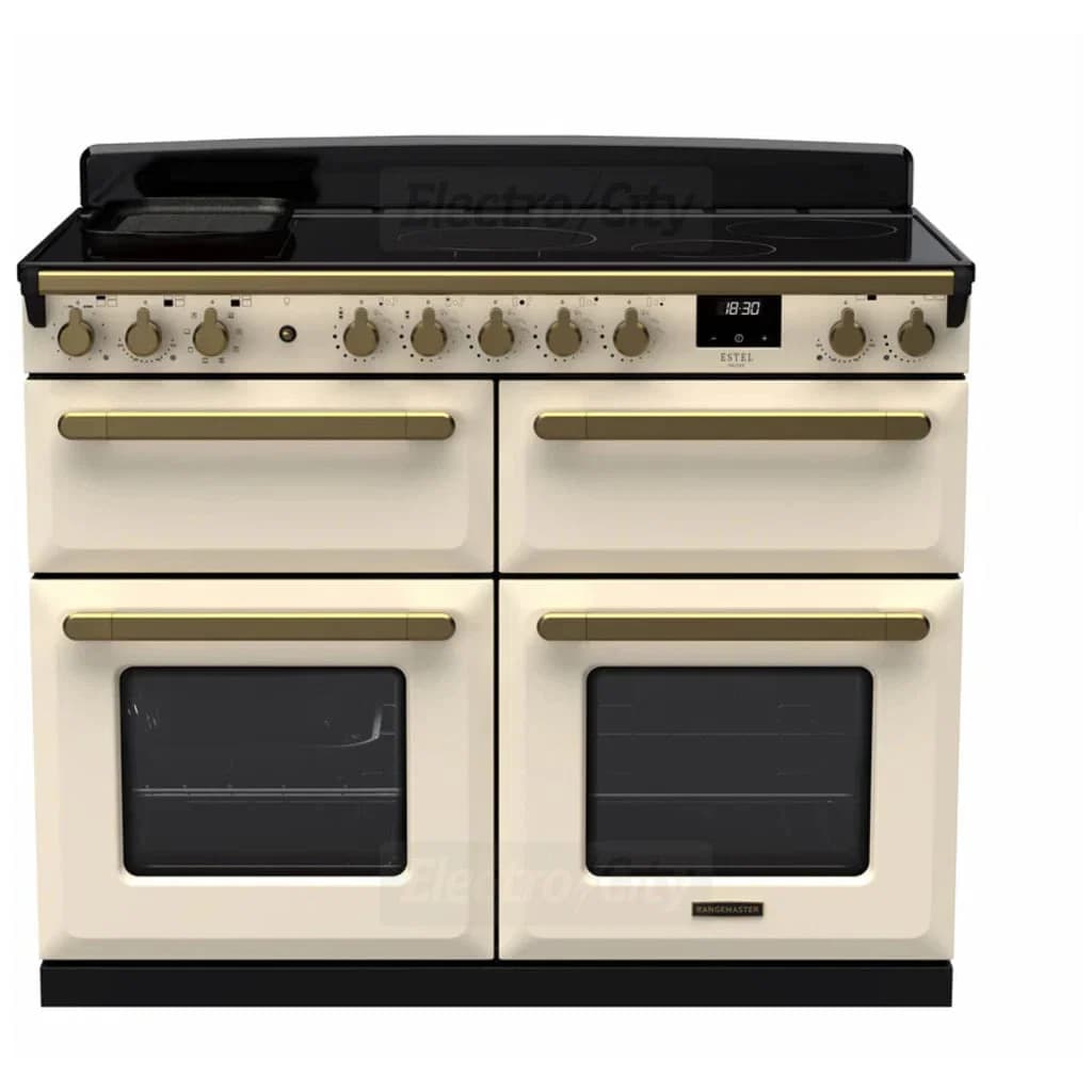 Rangemaster Estel Deluxe 110cm Induction Range Cooker with Slow Cook Oven | Pale Cream with Brass Trim