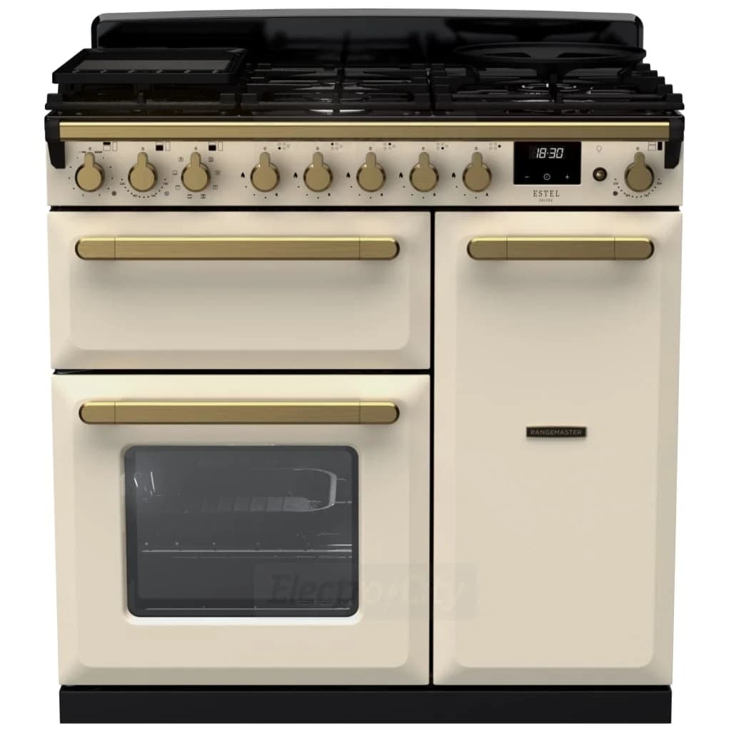Rangemaster Estel Deluxe 90cm Dual Fuel Range Cooker | Pale Cream with Brass Trim