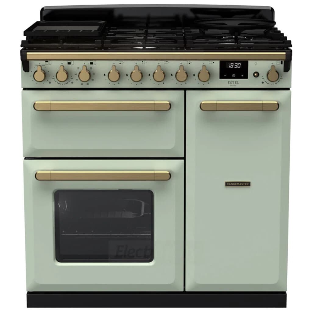 Rangemaster Estel Deluxe 90cm Dual Fuel Range Cooker | Mint with Brass Trim