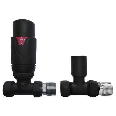 ONLY OPENED - Matt Black Thermostatic Straight Radiator Valves - For Pipework Which Comes From The Floor