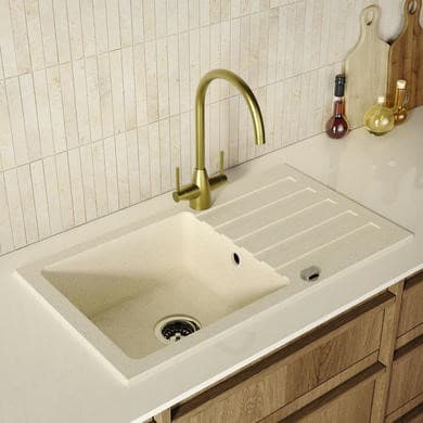 GRADE A1 - Single Bowl Beige Composite Inset Kitchen Sink with Reversible Drainer - Enza Phoebe