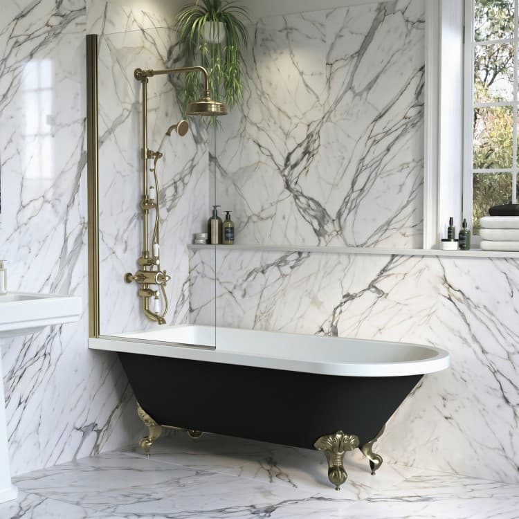 Black Freestanding Single Ended Shower Bath with Brushed Brass Screen & Feet 1670 x 740 mm - Park Royal