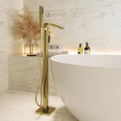 Brushed Brass Freestanding Bath Shower Mixer Tap - Wave