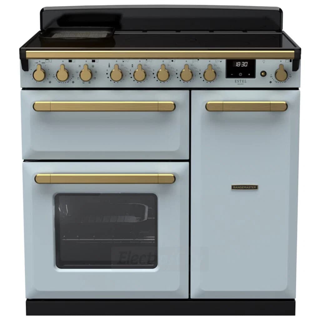 Rangemaster Estel Deluxe 90cm Induction Range Cooker | Misty Blue with Brass Trim