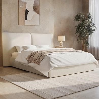 Beige - Upholstered End-Lift Ottoman Storage Bed with Pillow Headboard - Dune