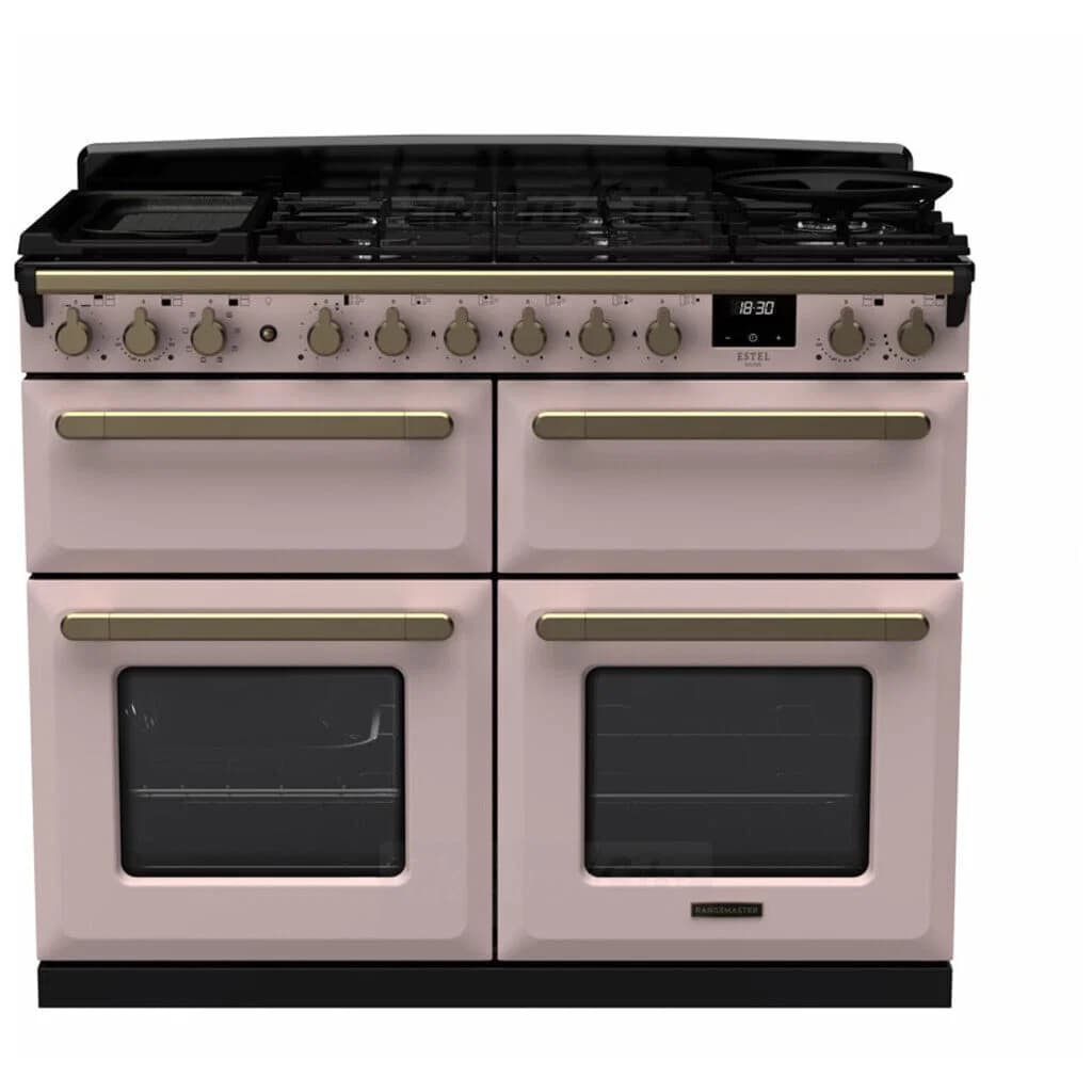 Rangemaster Estel Deluxe 110cm Dual Fuel Range Cooker with Slow Cook Oven | Pale Pink with Brass Trim