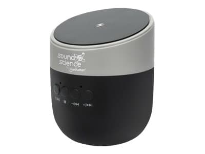 MANHATTAN - Sound Science Metallic Bluetooth Speaker with Wireless Charging Pad (Clearance Pricing), Decent Sound Output (3W), 3 hour Playback time, Wireless Pad 5W, Integrated Controls, Range 10m, microSD card reader, USB-A
