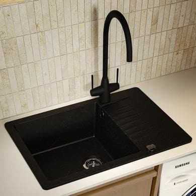 Single Bowl Black Inset Granite Composite Compact Kitchen Sink with Reversible Drainer - Enza Alice