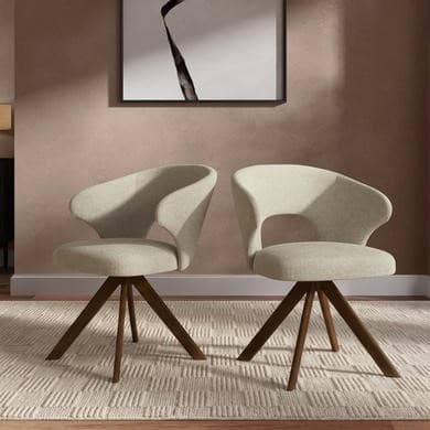 Set of 2 Beige Upholstered Swivel Dining Chairs with Walnut Legs - Mila
