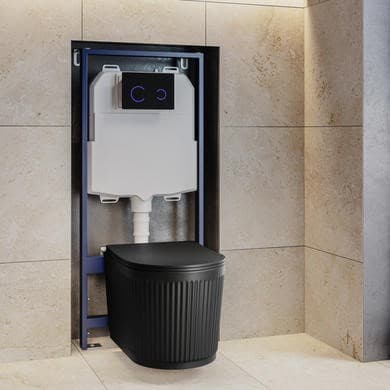 Matt Black Fluted Wall Hung Rimless Toilet with Soft Close Seat, Black Glass Sensor Flush Plate, 1168mm Frame & Cistern – Oregon