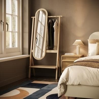 Light Wood Freestanding Full-Length Mirror with Hanging Rail and Shelf - Figo