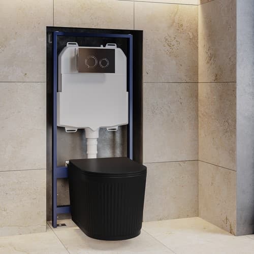 Fluted Wall Hung Rimless Toilet with Soft Close Seat, Chrome Mechanical Flush Plate, 1168mm Frame & Cistern – Oregon