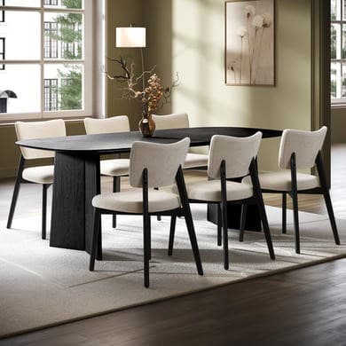 Black Dining Table Set with 6 Beige Upholstered Curved Back Dining Chairs - Seats 6 - Rivo