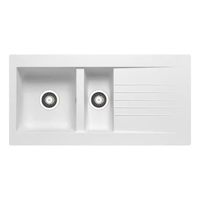 1.5 Bowl White Composite Inset Kitchen Sink with Reversible Drainer & Chrome Dual Lever Square Kitchen Mixer Tap - Essence
