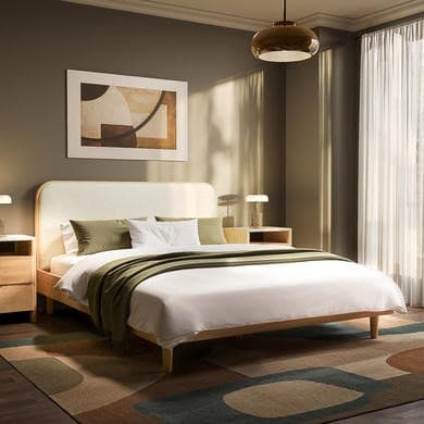 Oak - Wooden Bed Frame With Upholstered Curved headboard - Reece