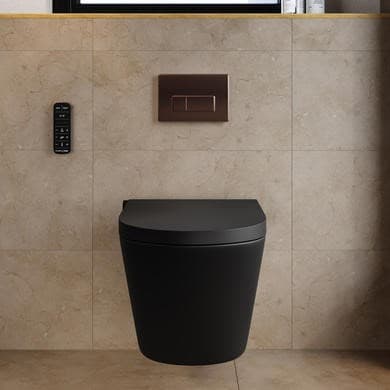 Matt Black Wall Hung Smart Bidet Japanese Toilet & 820mm Frame Cistern with Brushed Bronze Pneumatic Flush Plate - Purificare