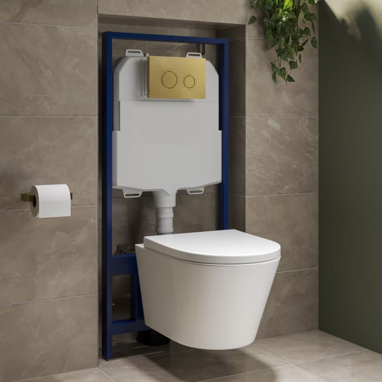 Wall Hung Rimless Toilet with Soft Close Seat, Brushed Brass Mechanical Flush Plate, 1168mm Frame & Cistern – Newport
