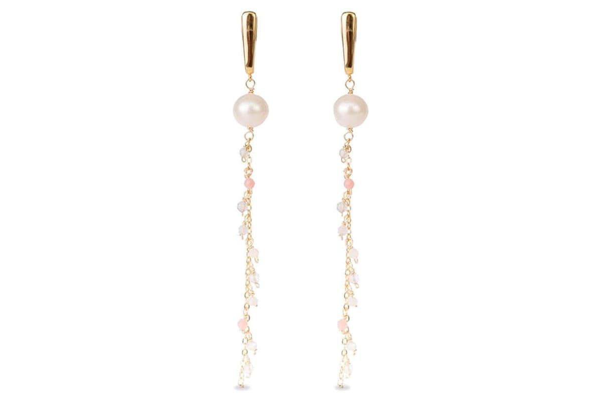 Luxenter Hildar Earrings | Rose Quartz and Natural Pearl Dangling Earrings