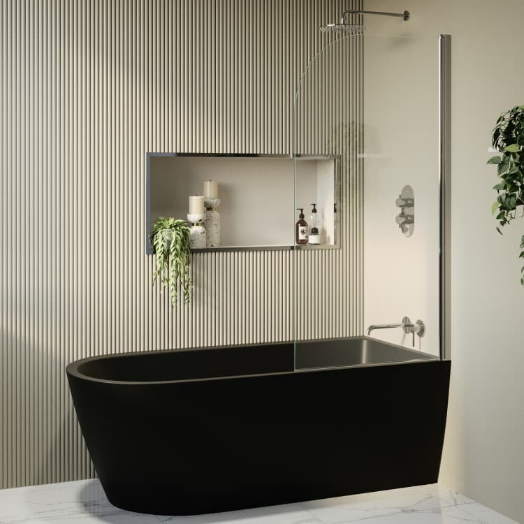 Matt Black Freestanding Shower Bath Single Ended Right Hand Corner with Chrome Bath Screen 1650 x 800mm - Amaro