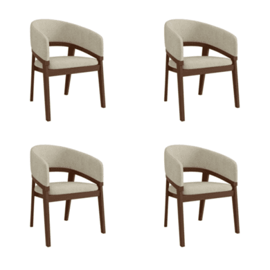 Set of 4 Walnut and Beige Upholstered Curved Dining Chairs - Owen