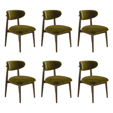 Set of 6 Walnut and Olive Green Upholstered Curved Dining Chairs with Solid Wood Open Back - Kori
