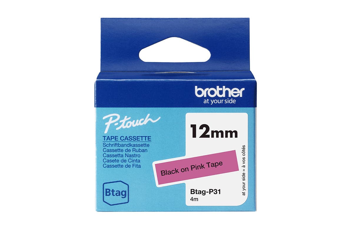 Brother Btag-P31 12mm Labelling Tape Cassette | Black on Pink