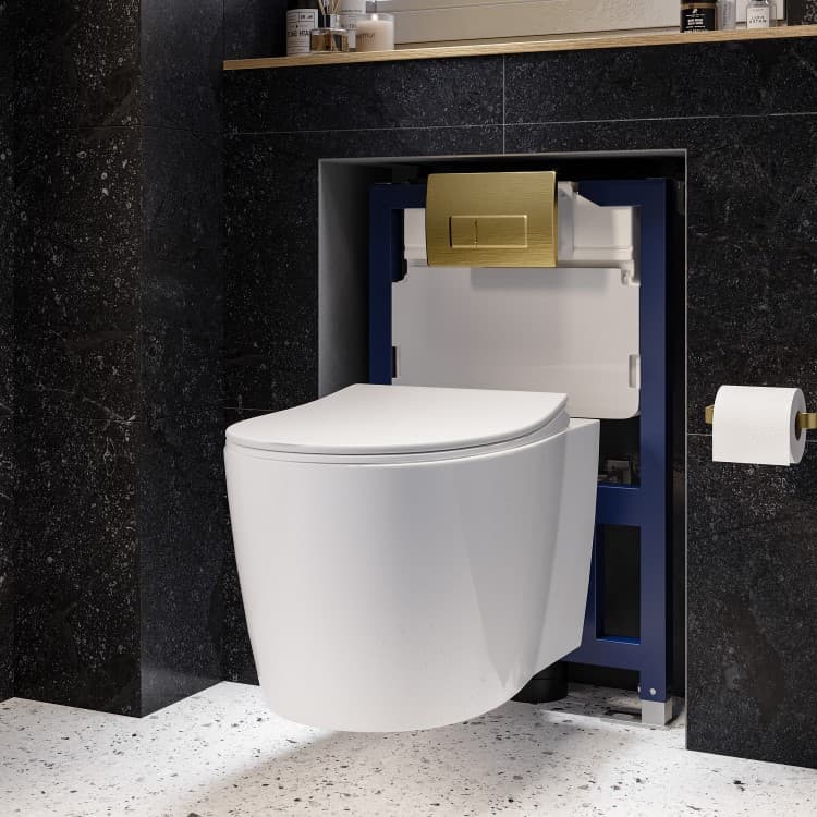 Wall Hung Rimless Toilet with Soft Close Seat, Brushed Brass Pneumatic Flush Plate, 820mm Frame & Cistern – Alcor